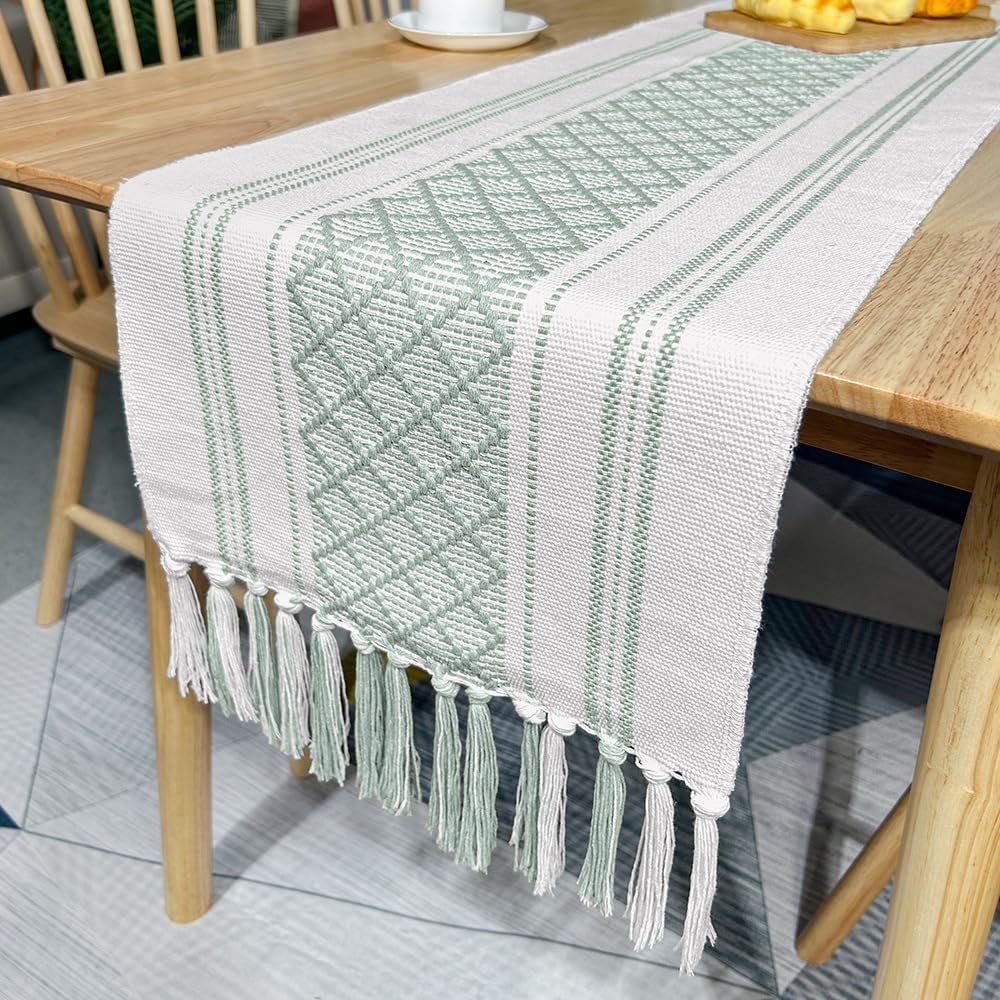 Serviette de table en coton et lin XIAO HUA vert 350x35 cm fait main