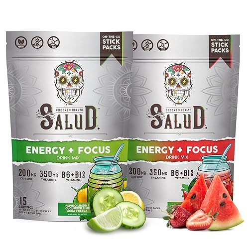 Salud - Paquete de 2 | 2 en 1 Energy + Focus (lima de pepino) y energía + enfoque (sandía de fresa) – 15 porciones cada una, mezcla de bebida Agua
