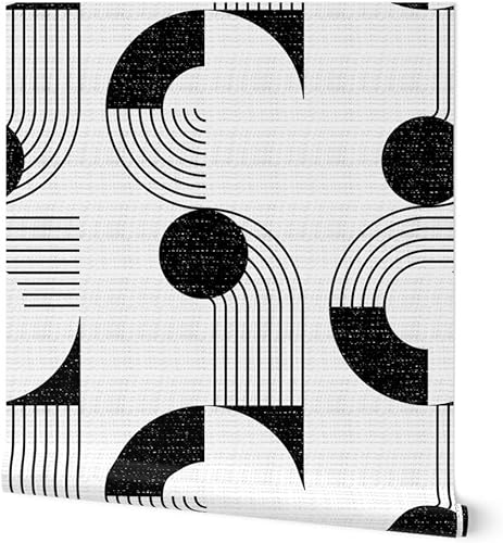 Spoonflower Peel & Stick Wallpaper Swatch - Bauhaus Noodle Bowl Medium Scale Black White Circles Modern Geometric Dots Graphic Custom Removable