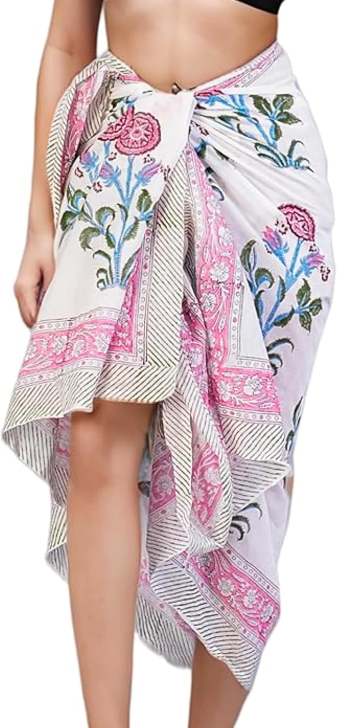Hand Block Printed Cotton Sarong Wraps for Women – Lightweight Beach Swimsuit Cover Up, One Size Pareo (73 x 44 In)
