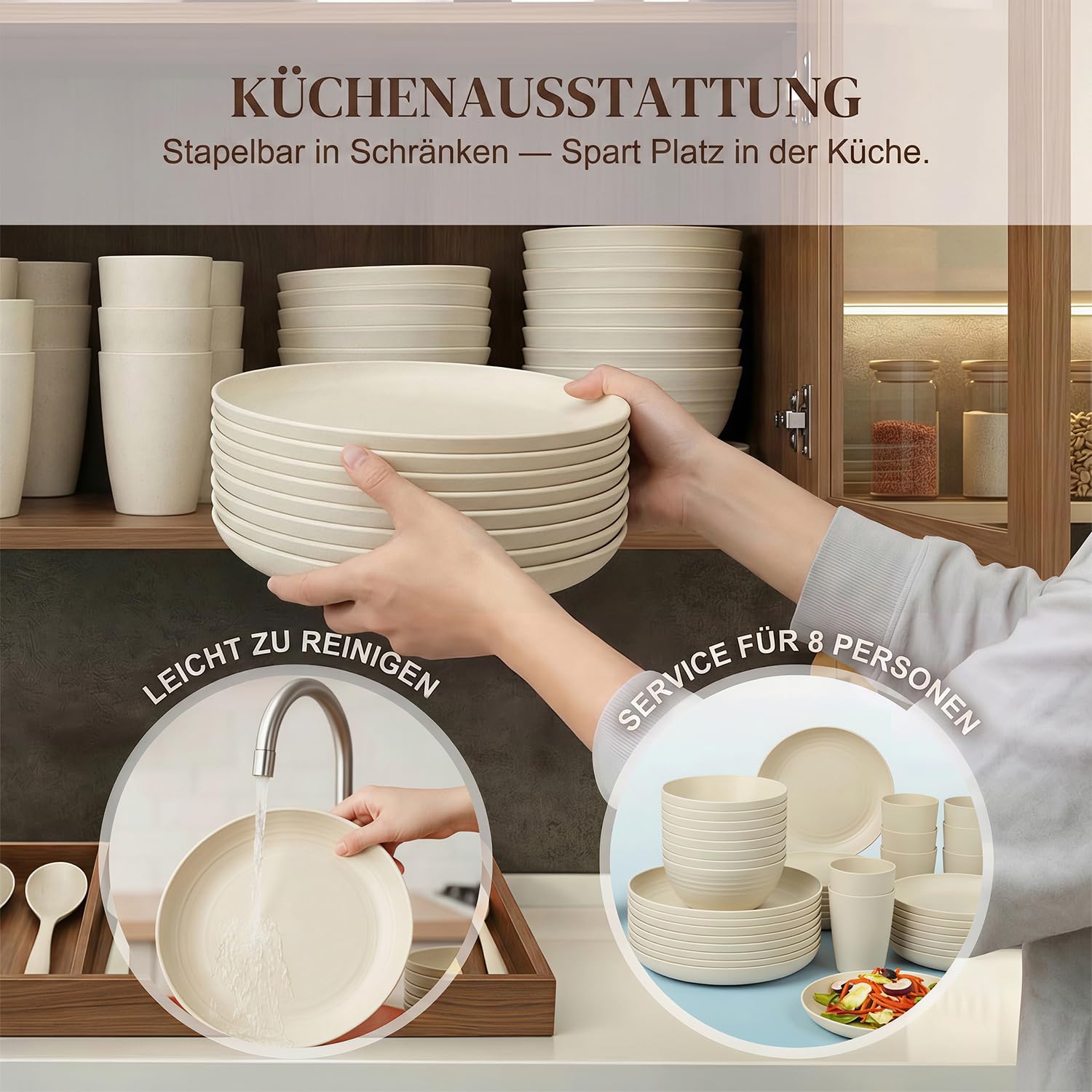 Wrova Wiederverwendbar Geschirr Set 48-Teiliges Teller Set 8 Personen
