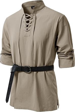 JEMITOP Mens Pure Cotton Renaissance Pirate Medieval Retro Lace Up Shirt for Viking Mandarin Collar Costume Without Belt