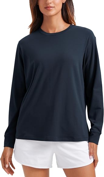 CRZ YOGA Pima Cotton Loose Long Sleeve Shirts for Women - Workout Yoga Casual Tops Crew Neck Loose Basic Soft Fall T-Shirt