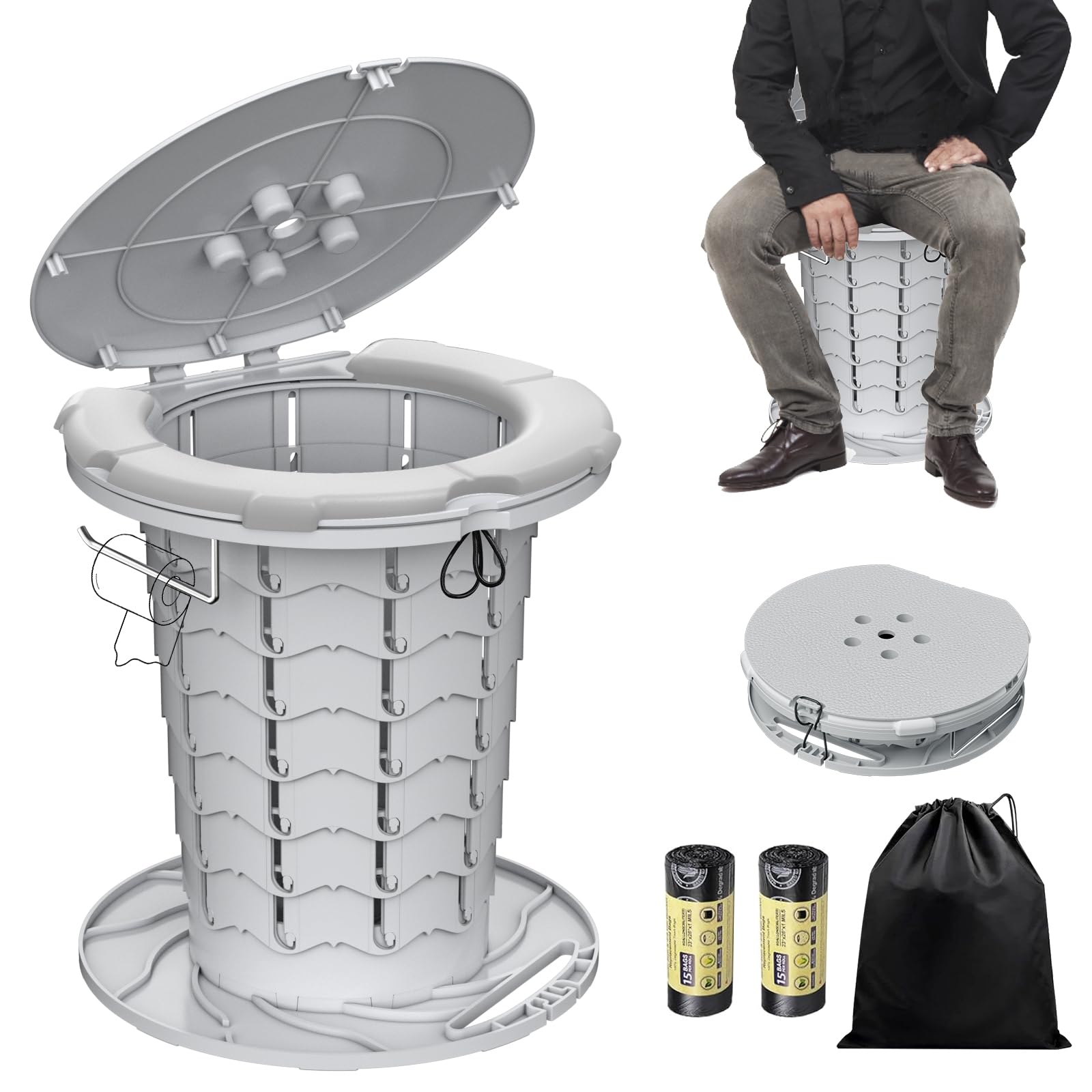 BLIKA Upgraded Retractable Portable Toilet with Cushion, 300LBS Adjustable Height Folding Toilet with Paper Holder, Travel Toilet Portable Camping Toilet, Soft Portable Toilet for Camping/Car