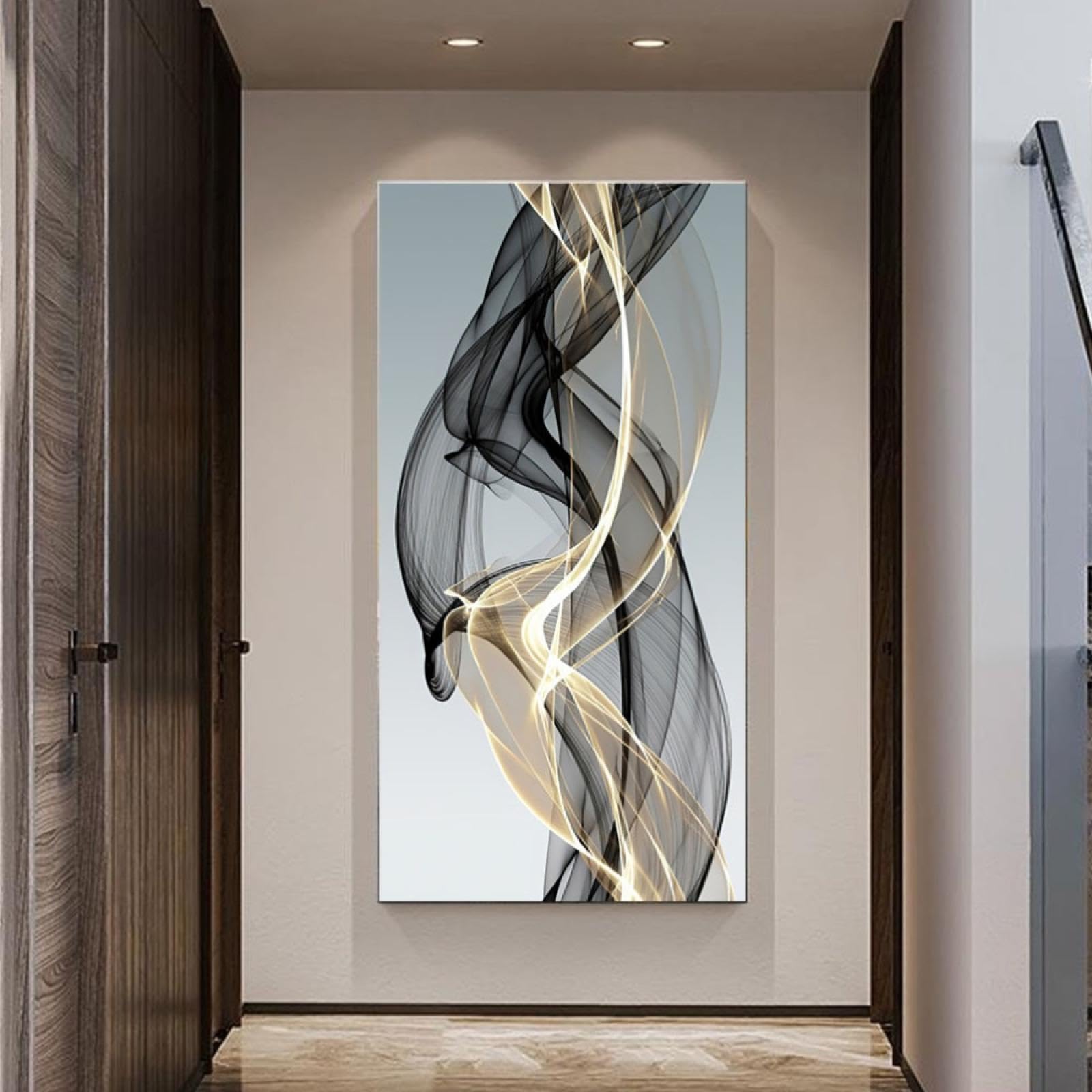 Large Modern Abstract Canvas Wall Art Golden Lin Smoke Dign, Neutral Color Palette Poster Print Artwork Painting Picture 60x120cm(24x47in) Withframe