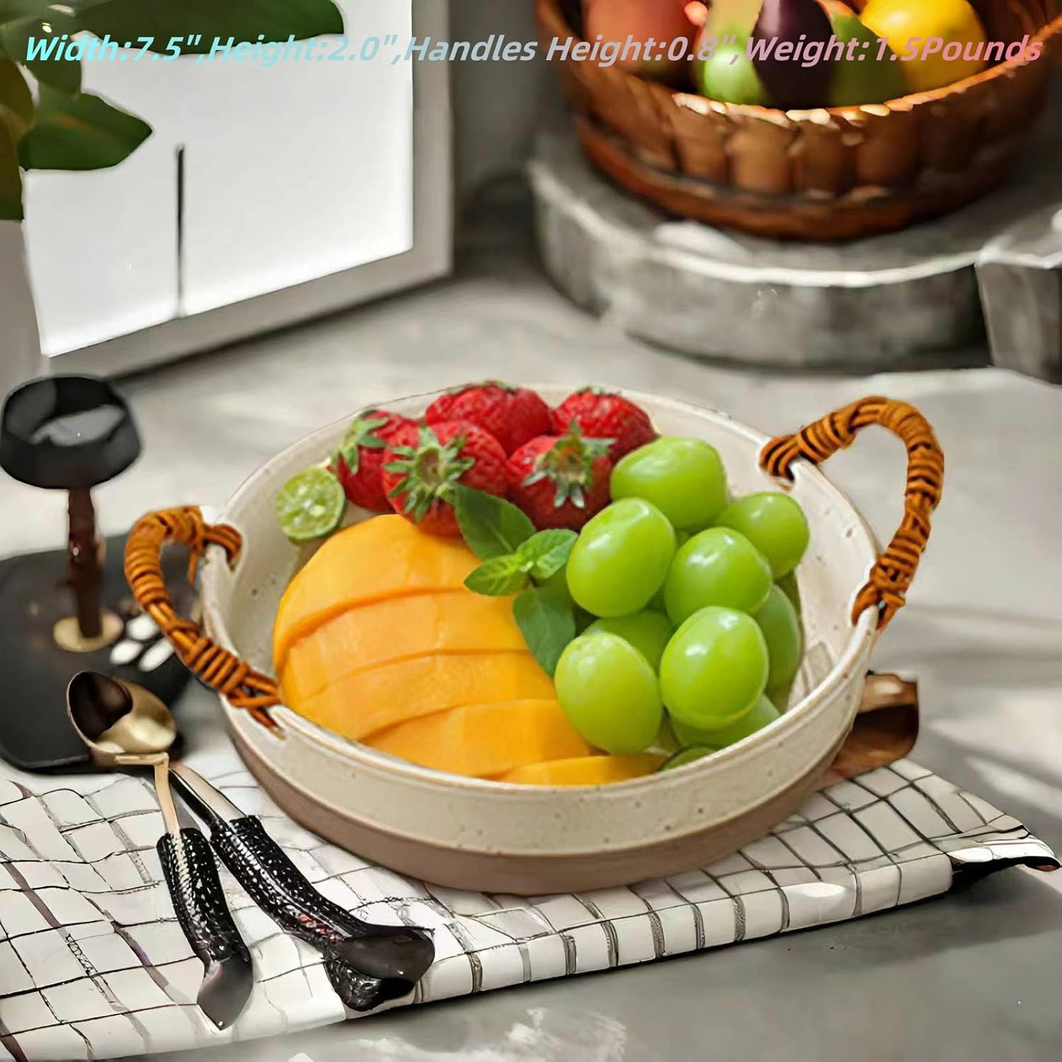 Ceramic Fruit Bowl or Salad Bowl with Double Eared Vine Weaving Handles, Ceramic Salad Bowl with Anti Slip Bottom,Large Fruit Bowl for Kitchen Counter(7.5Inches)