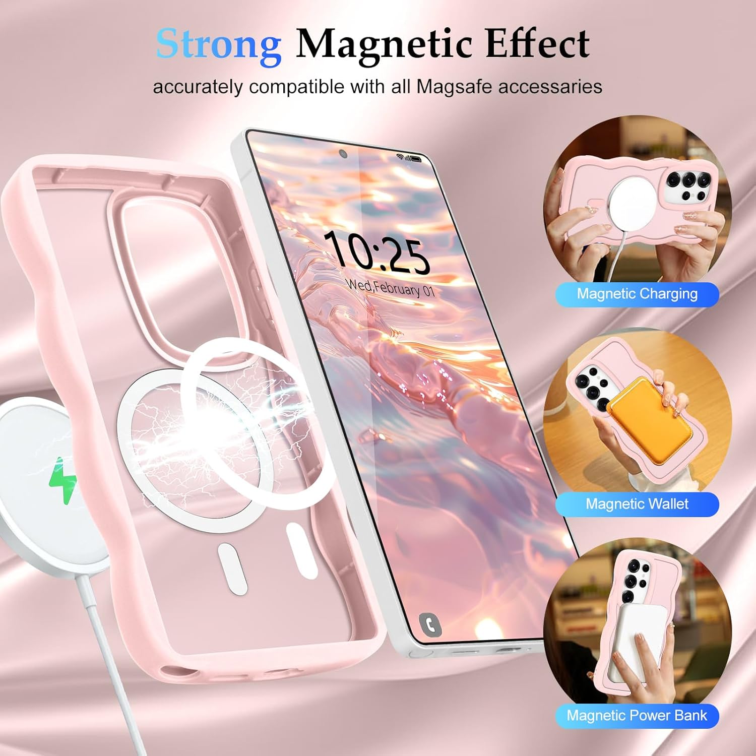 for Samsung Galaxy S25 Ultra Case, Curly Wavy Frame Hard Translucent Matte Clear Back Cover for Women Men Compatible with Magsafe Shockproof TPU Bumper Phone Case for Samsung S25 Ultra, Pink - Image 3