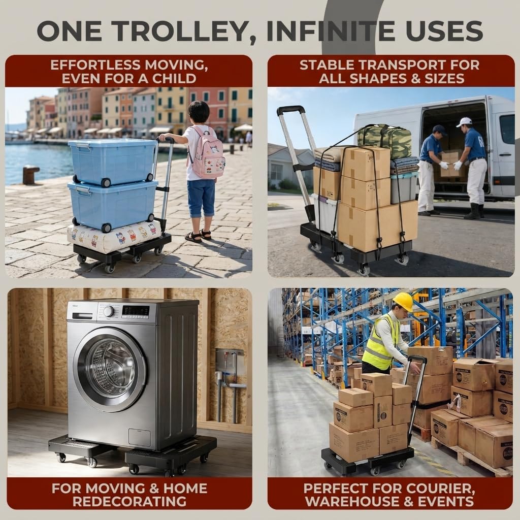 Folding Hand Truck,Foldable Dolly Cart With Wheels,500LB Heavy Duty Luggage Cart,6-wheel convenient Hand Truck,2 fixing ropes & 1 extra big storage bag Suitable for luggage,travel,moving(Black)