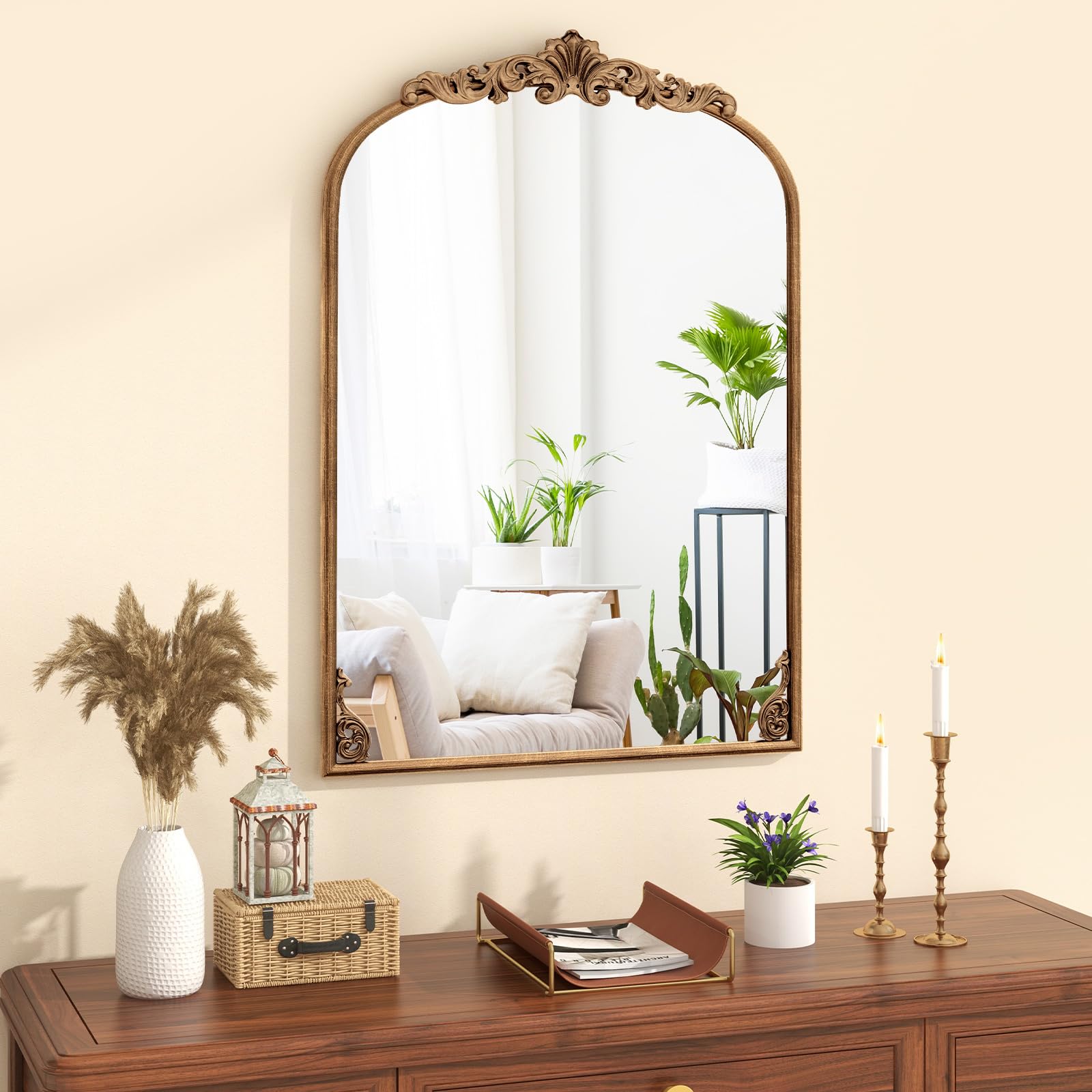 COSTWAY Miroir Mural Arch, Cadre en Métal, Grand Miroir Mural Baroque pour Salon Chambre Entrée, Réflexion HD, 2 Crochets de Suspension, Installation Facile (95 x 66 cm)