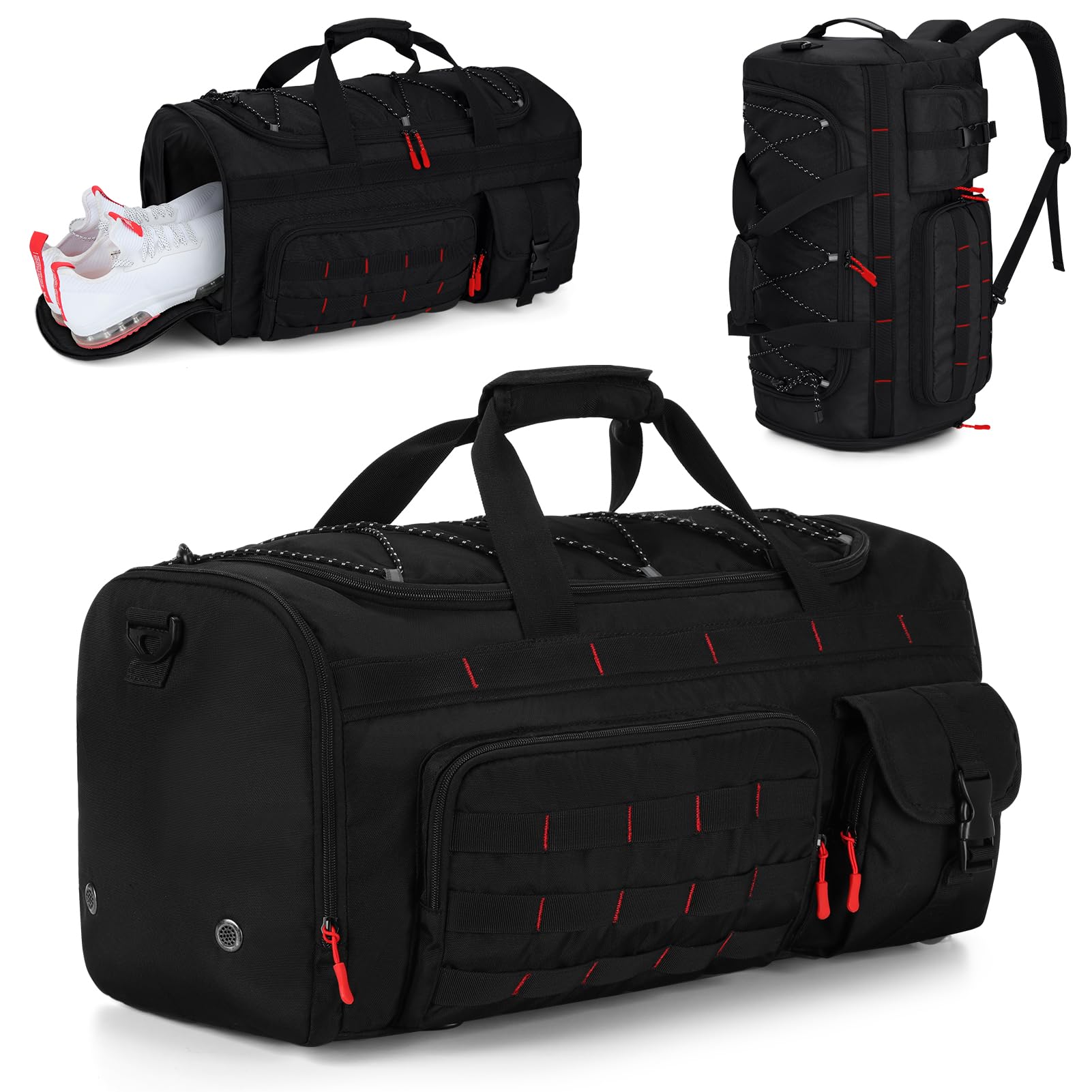 Gonex 45L Tactical Duffel Bag, 3-in-1 Convertible Carry-On Gym Bag for Men with Red Zipper Pull, Shoe Compartment, Gear Loops, Water-Repellent Travel Bag (Black with Red Accents)