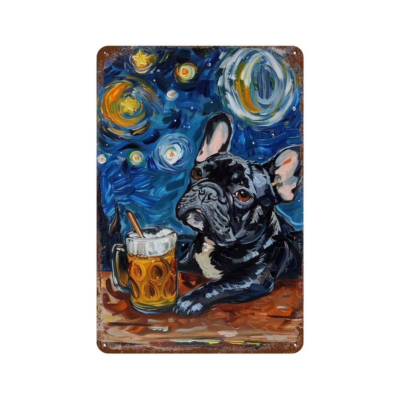 Distressed Metal Wall Sign Starry Night French Bulldog with Beer Mug 11.8"x7.9", Rustic Home Decor for Farmhouse, Kitchen And Entryway Decor