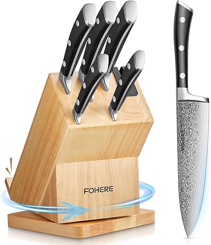 FOHERE - Juego de cuchillos con soporte para teléfono, juego de cuchillos de cocina giratorio de 360, 7 piezas, juego de cuchillos con afilador,