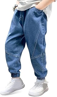 Jeans para Niños, Holgados Vaqueros Casual Cintura Elástica Pantalones con Diseño de Pierna Cónica, Largos Stretch Denim Jeans con Bolsillos Moda Niño Pants para 6-14 años
