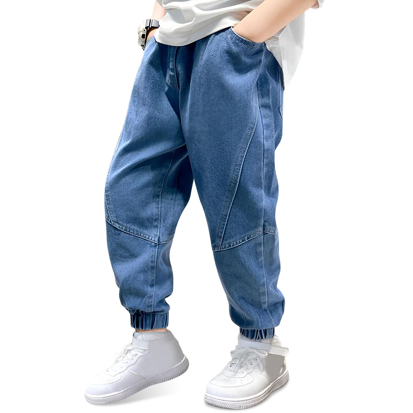 Jeans Garçon Baggy Pantalon avec Poches Loose Fit pour 6-14 Ans | Taille Élastique, Quotidien, Long Denim Jeans, avec Poches, Décontracté, Denims Mode, Casual école, Polyvalent, Ado Pantalons