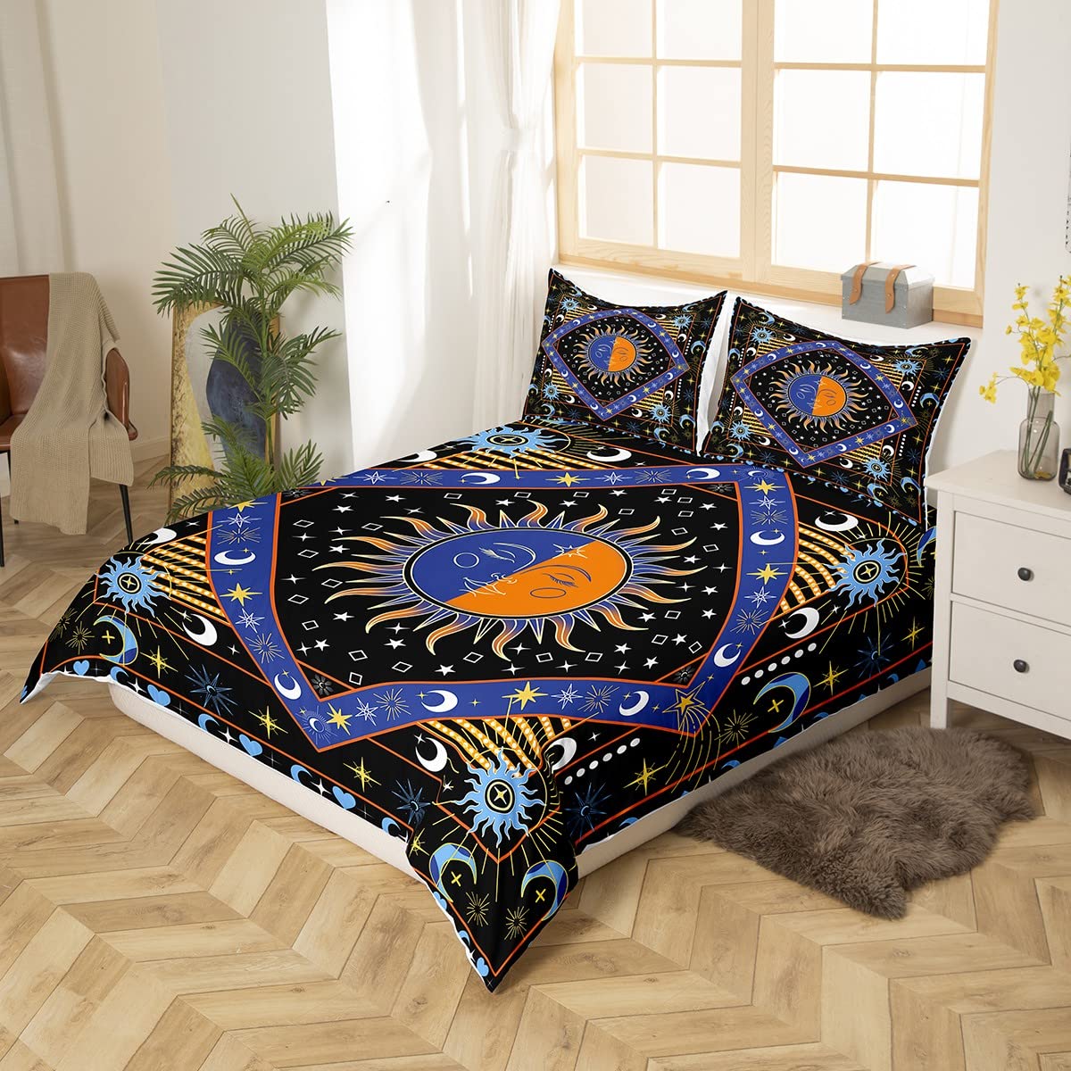 Juego de ropa de cama bohemio con diseño de luna, estilo bohemio, hippie, funda de edredón con purpurina y estrellas, galaxia, tamaño Super King, Trippy Cosmos celestial, funda de edredón con diseño