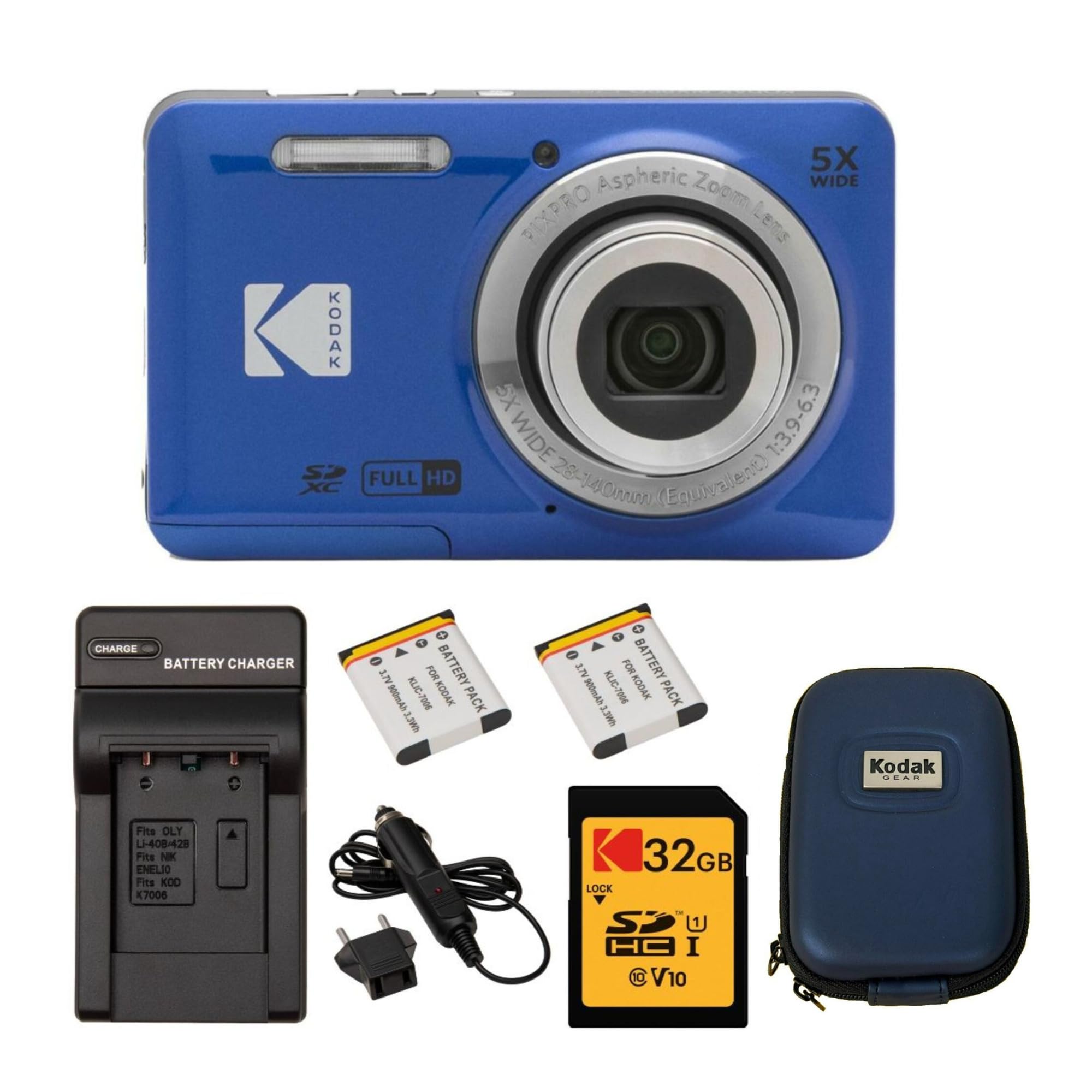 Kodak PIXPRO Friendly Zoom FZ55 Digital Camera (Blue) Bundle with Camera Case, 32GB Memory Card, and Battery (2-Pack) with Charger (4 Items)