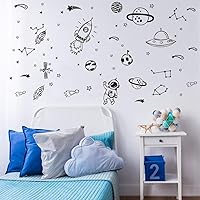 Vista 2 de Calcomanías de pared temáticas del espacio exterior para habitación de niños, calcomanías de vinilo de cohete, estrellas, planetas, arte de galaxia