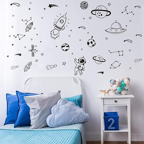 Miniatura 2 de Decoración de pared para habitación de niños, arte del espacio exterior, estrella, cohetes, planetas, calcomanías extraíbles para decoración de