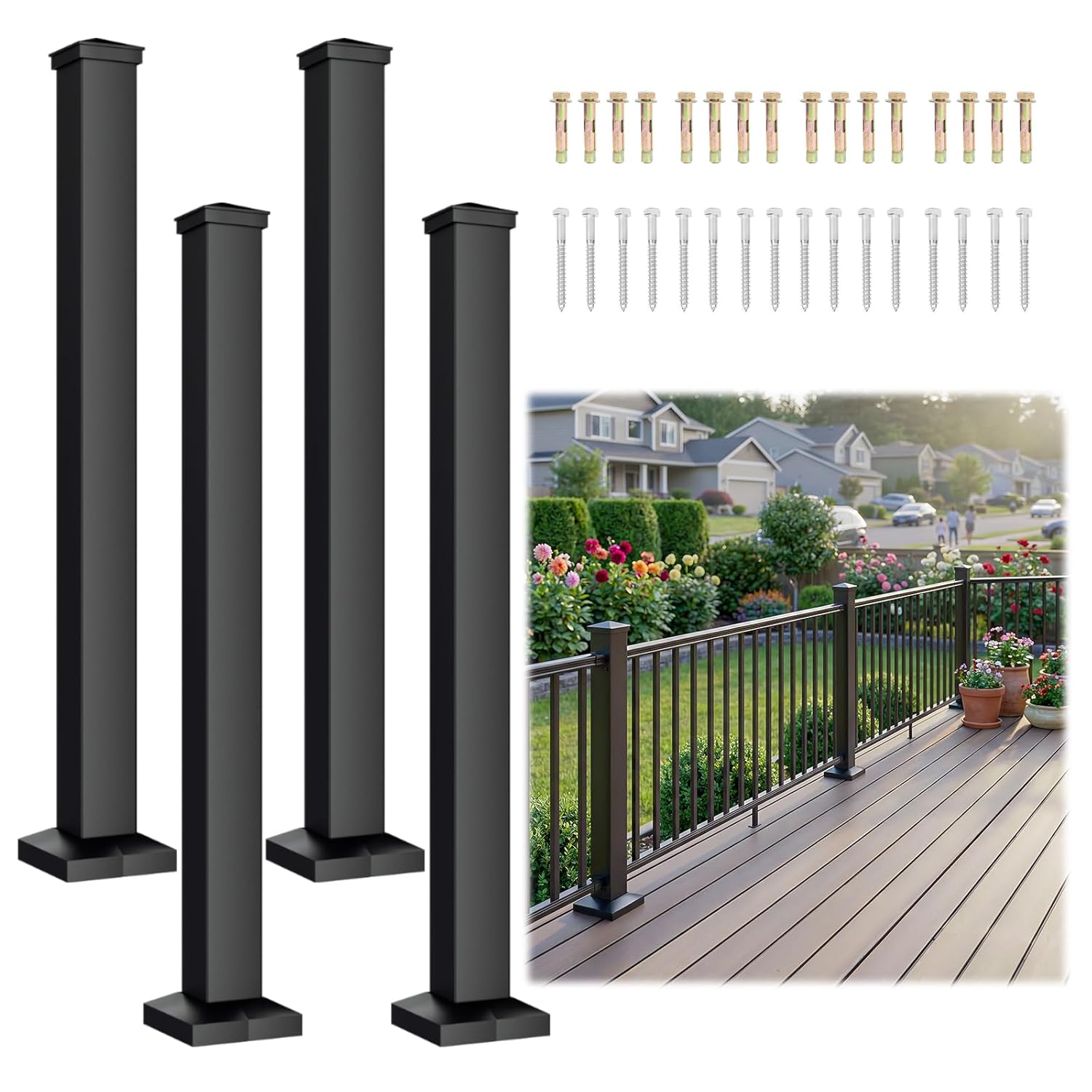 Egadis 1 Pack 3 in. x 3 in. x 39 in. Aluminum Railing Post, Porch and Deck Railing Post with Screws, Black Textured AAMA 2604 Powder-Coat Finish Stair Post for Decks, Porches & Balconies