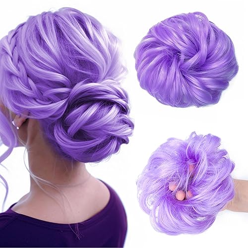 Moños espaciales, piezas de cabello para mujeres y niñas, extensiones de cabello sintético ondulado y rizado, moño (morado claro)