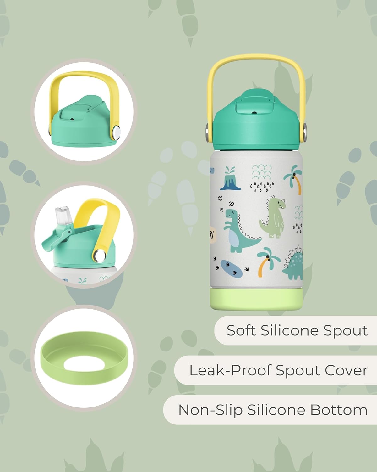 Hippypotamus Kids Water Bottle - Stainless Steel Vacuum Insulated -12 oz - Leak Proof Straw Lid & Soft Spout For Toddlers & Kids (Green Dinosaur) - Image 3