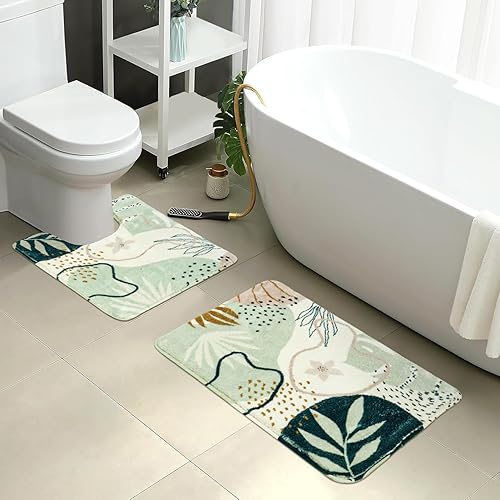 Miniatura 7 de Uphome Tapetes de baño para baño, bonitas alfombras de inodoro con forma de U, antideslizante, lavable, suave, alfombra de baño botánica abstracta,