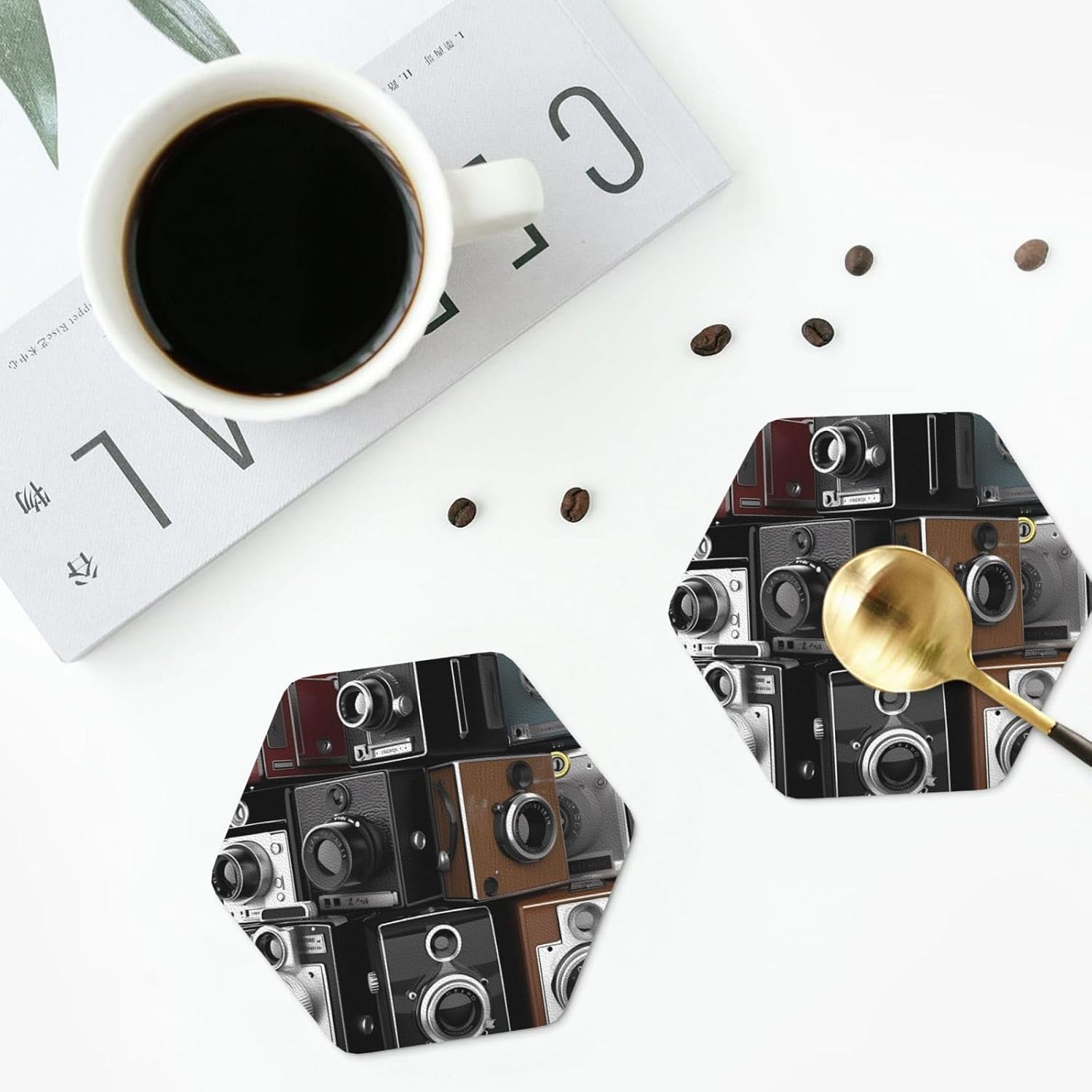 Leather Coasters Hexagon, Retro Cool Camera Collection Coasters for Drinks, Drink Coasters Set of 4, Cup Mat Absorbent Cup Coasters Modern Coffee Table Coasters for House Warming Gifts Funny Coasters image 5