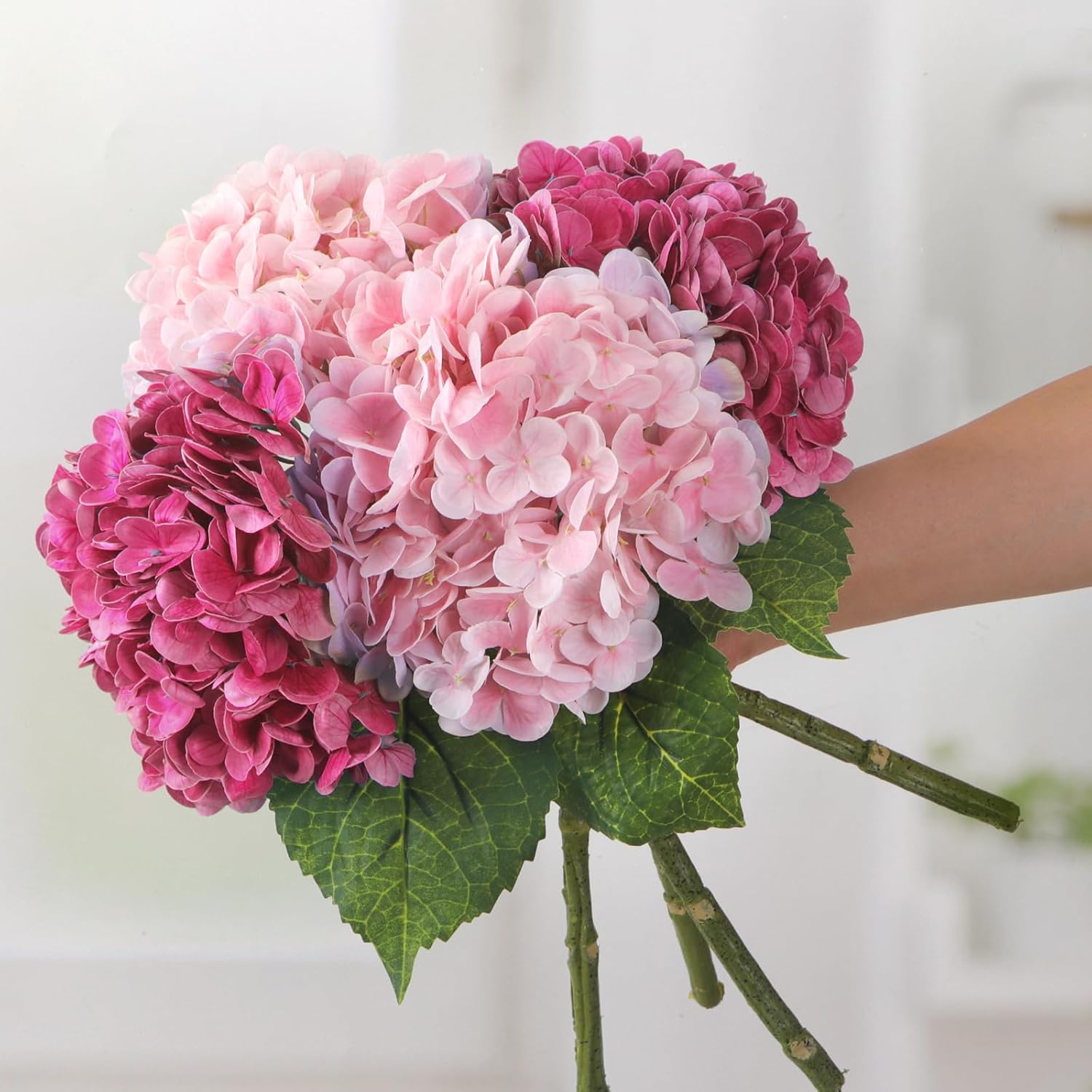 Kmise Hydrangea Artificial Flowers, 22” Real Touch Lifelike Latex Hydrangeas, Large Faux Hydrangea for Home Decor Wedding Bouquets, Pink and Purplish Red, 4pcs