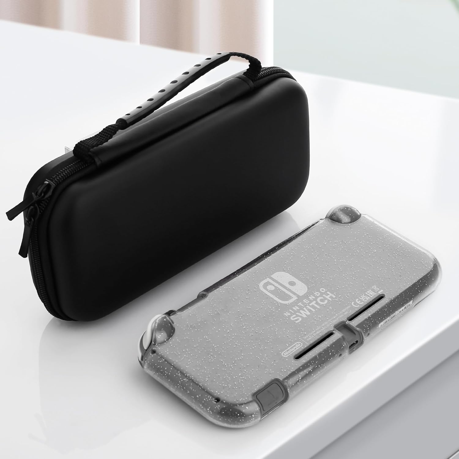 FUNDIARY Black Travel Carrying Case for Nintendo Switch Lite, Shockproof Accessories Bundle with Slim Portable Storage Bag, Soft Silicone Clear Glitter Protective Case, Screen Protector & 2 Thumb Caps