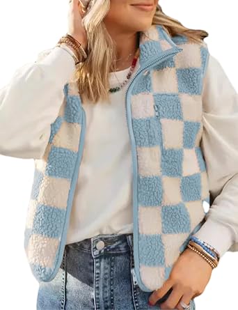 Sherpa Vest for Women Sleeveless Fuzzy Fleece Checkered Jacket Warm Casual Gilet Outerwear with Zipper