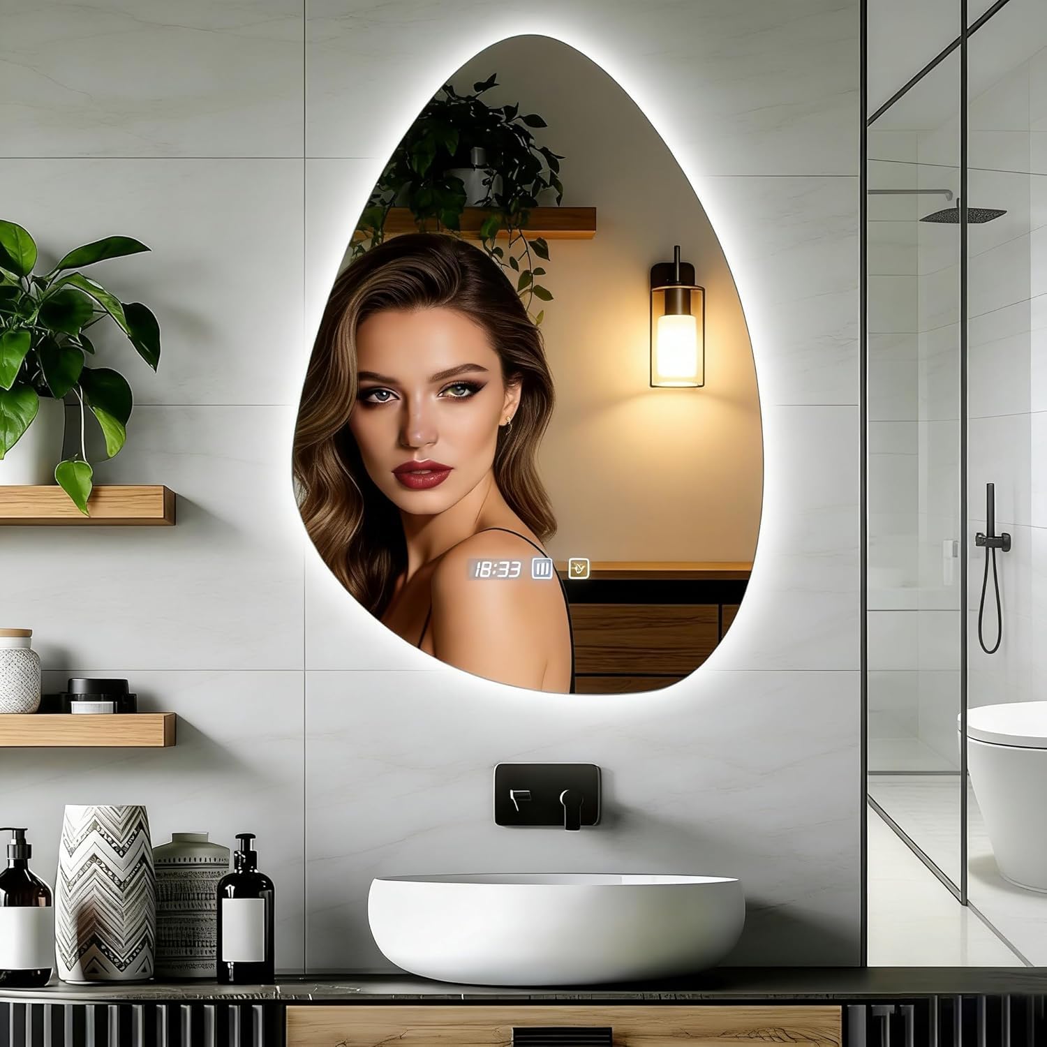 Spiegelschrank Design LED Badspiegel Tropfenform mit intelligenter Beleuchtung, dimmbar 3000-6500K, Touchsensor, Anti-Beschlag-Funktion, für Badezimmer,70x50cm