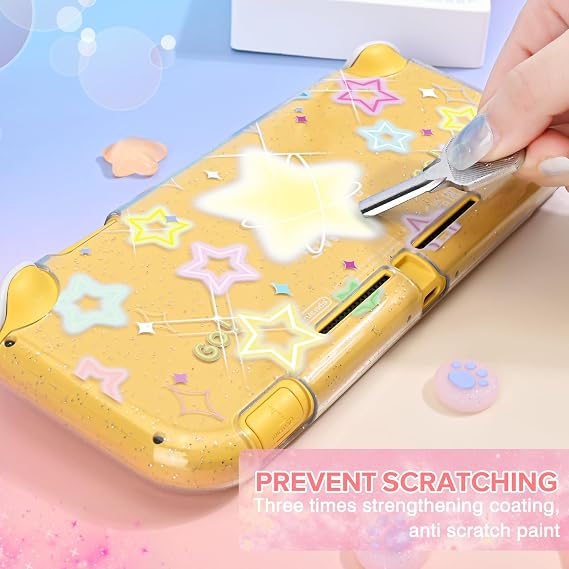 DLseego Protective Case Suitable for Switch Lite Console 2019, TPU Soft Shell Anti-Slip Shock-Absorption Crystal Protective Heart Games Case with 2 PCS Cute Cat Paw Thumb Grips Caps - Glitter Yellow