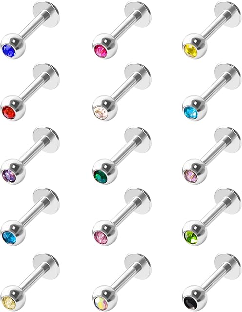 15 Pieces Stainless Steel Labret Lip Bar Ring Body Piercing Cartilage Tragus, 16 Gauge, 15 Colors