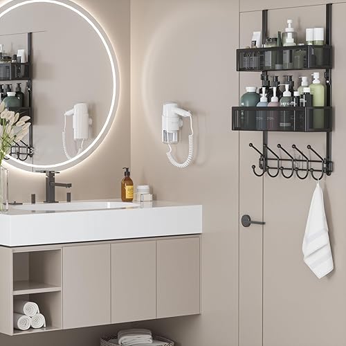 Miniatura 2 de Organizador de ganchos ajustables para colgar sobre la puerta, perchero con 2 cestas de malla y 10 ganchos, organizador de almacenamiento trasero de