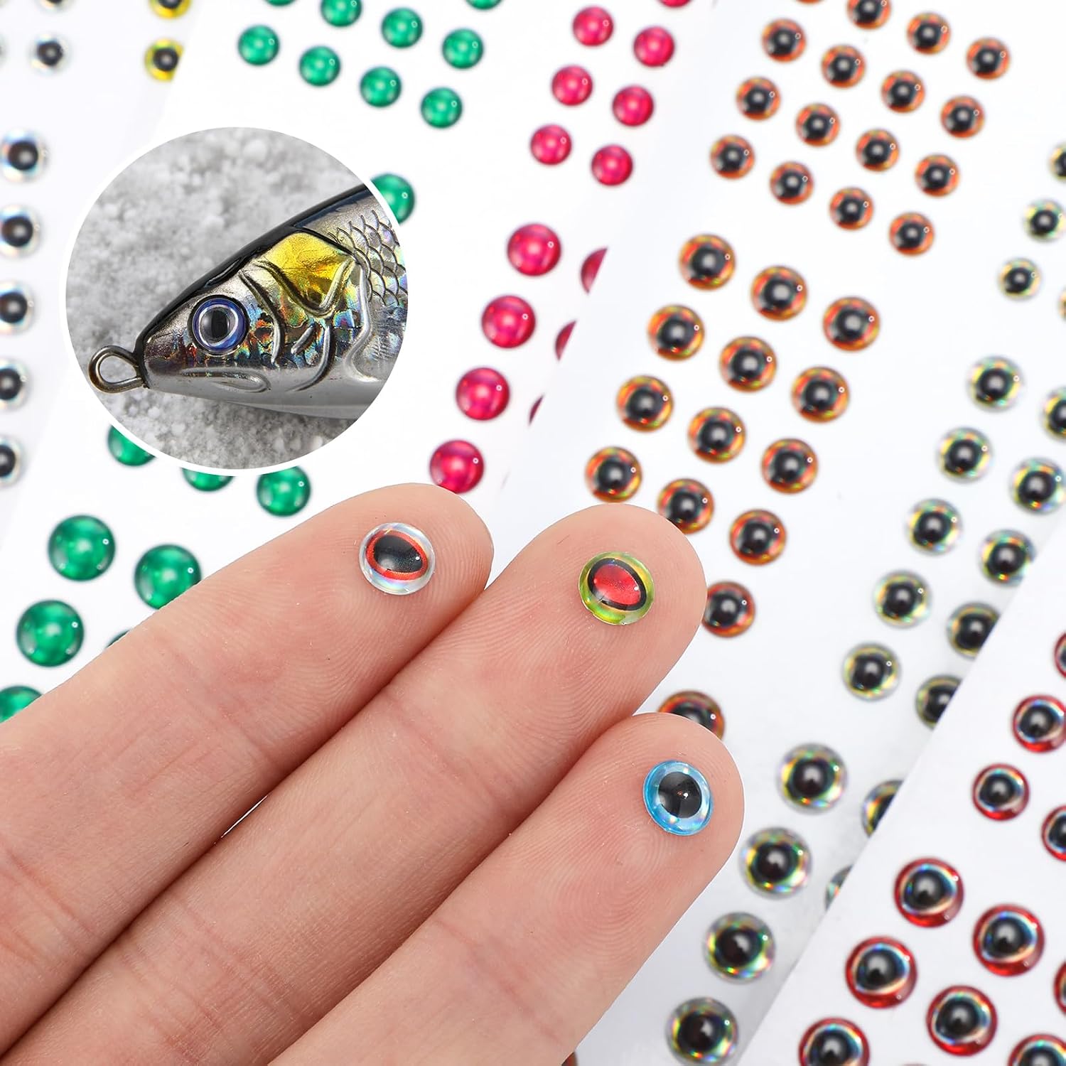 Skylety Fishing Lure Eyes 3D Artificial Eyes Stickers Assortment with 1 Piece Tweezer for Fishing Baits DIY Accessory, 3/4/ 5/6 mm