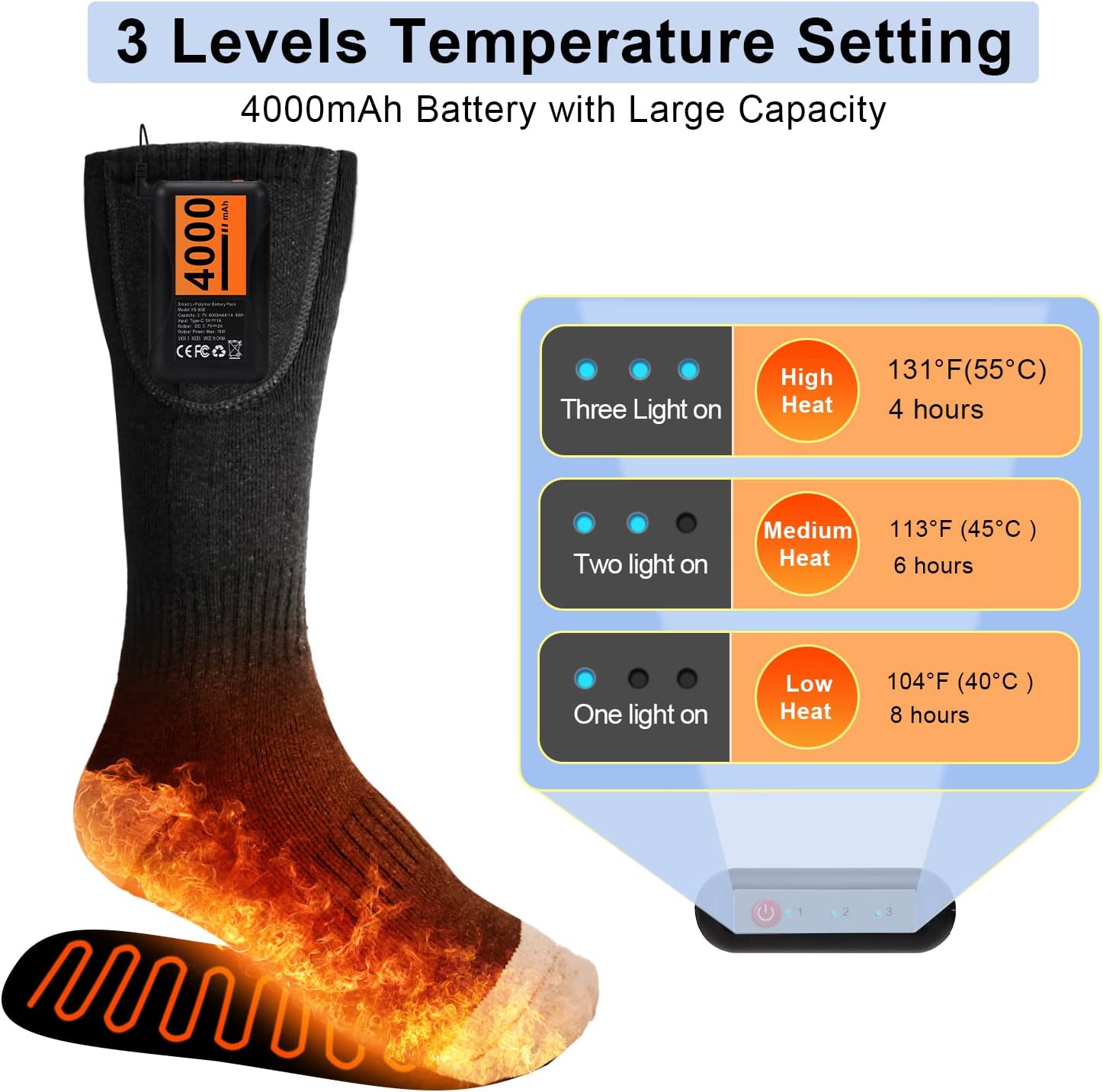 Heated Socks, Electric Heated Socks for Men Women, 4000mAh Rechargeable Battery Heat Insulated Sox Up to 8 Hours, Winter Washable Thermal Socks Foot Warmer for Outdoor Camping Skiing Fishing Hunting : Sports & Outdoors