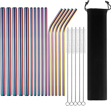 15pcs Reusable Metal Straws with 5 Cleaning Brushes - 18/8 Stainless Steel Straws with 5 Straight 5 Bent 5 Boba Straws - Eco Friendly Drinking Straws with Case for Party Drinkware Rainbow