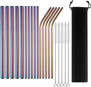 15pcs Reusable Metal Straws with 5 Cleaning Brushes - 18/8 Stainless Steel Straws with 5 Straight 5 Bent 5 Boba Straws - Eco Friendly Drinking Straws with Case for Party Drinkware (Rainbow)