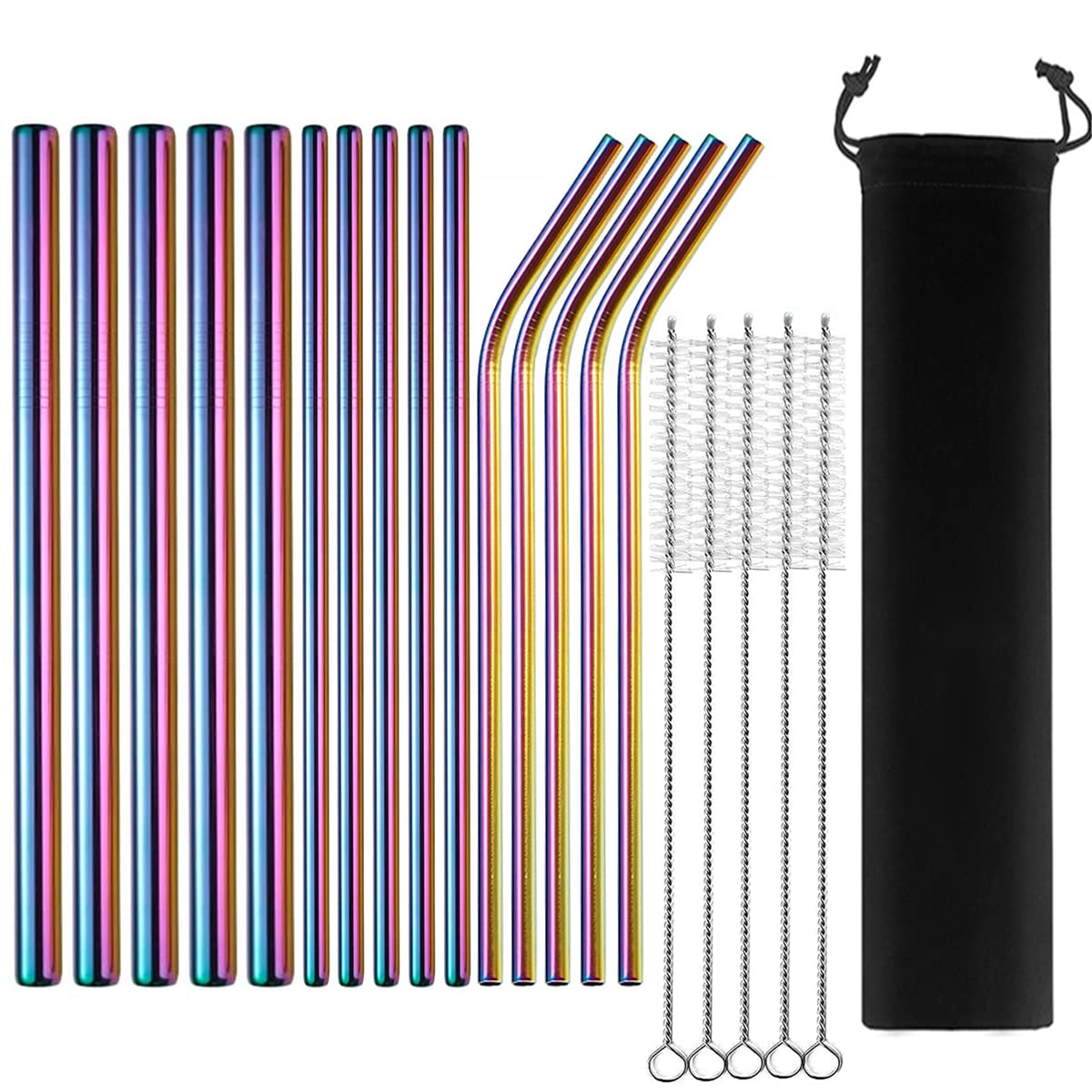 15pcs Reusable Metal Straws with 5 Cleaning Brushes - 18/8 Stainless Steel Straws with 5 Straight 5 Bent 5 Boba Straws - Eco Friendly Drinking Straws with Case for Party Drinkware (Rainbow)