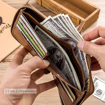 BULLCAPTAIN Genuine Leather Wallet for Men QB-231 (Brown) | Large Capacity, Bifold, Zipper Coin Pocket, RFID Blocking & ID Window,12 card slots,gift choice