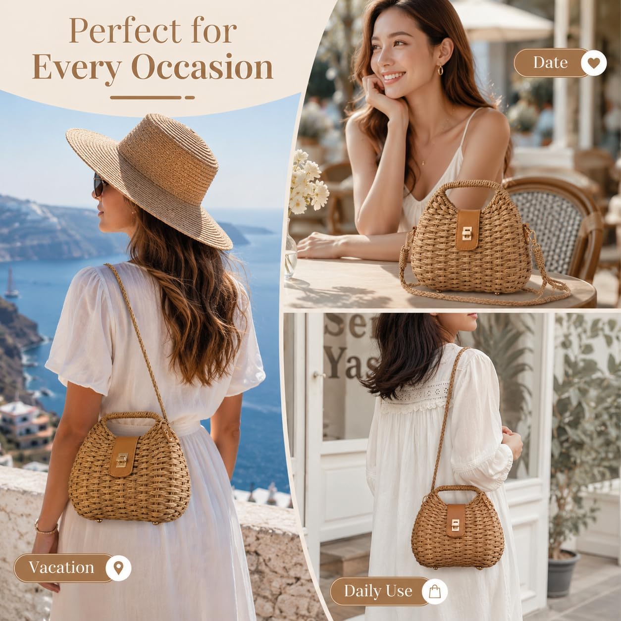 Straw Crossbody Bag for Women Woven Summer Beach Purse Handmade Vintage Rattan Shoulder Bag Boho Satchel HandBag for Holiday