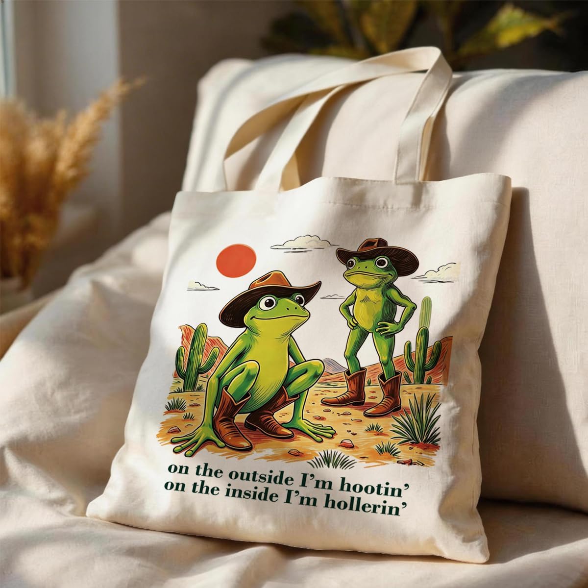 Funny Cowboy Frog Canvas Tote Bag, On The Outside I'm Hootin On The Inside I'm Hollerin, Reusable Western Shoulder Bag, Carryall for Daily Shopping Library Travel Commute Beach