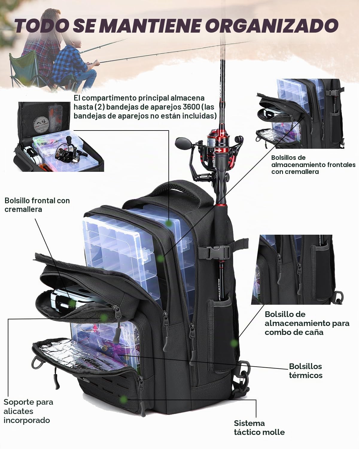 Mochila de pesca 2 en 1 táctica 25L soporte caña militar