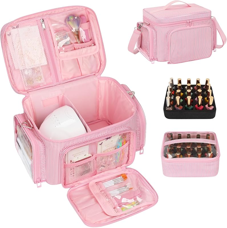 Estojo organizador portátil para esmaltes Bagmoly, listras rosa