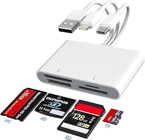 Memory Stick Pro Duo Adapter - XD Picture Card Reader for iPhone/USB C/A, 4 in 1 SD/TF/MS/XD Card Reader Adapter with Lightning USB-A USB-C Ports Support iPhone 16/15/14/13/iPad/PC/Android/Laptop