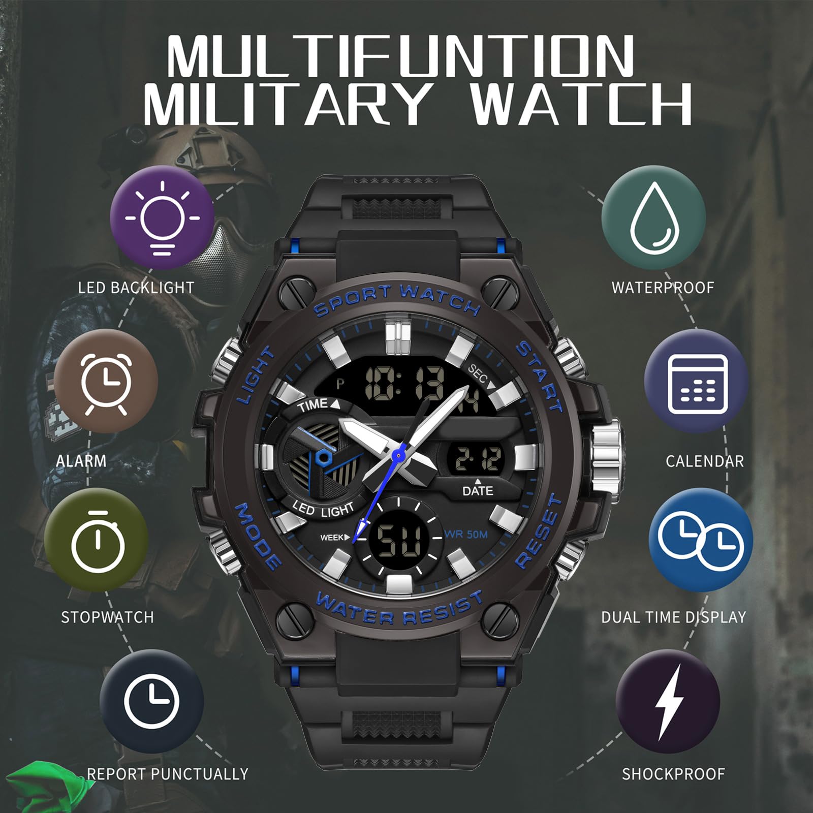 Orologio militare da polso da uomo, multifunzione, analogico, digitale, con cronometro, sveglia per ragazzi, 5 ATM, impermeabile, con illuminazione, data e giorno della settimana, casual