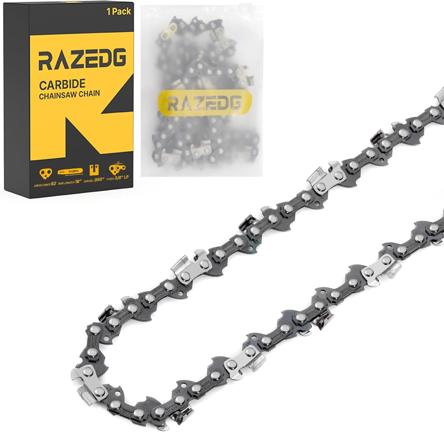 18 Inch Carbide Chainsaw Chain, 3/8" LP Pitch, .050" Gauge, 62 Drive Links, Fits Ego CS1800 CS1804, Kobalt KCS 180B-06, Echo, Greenworks, S62