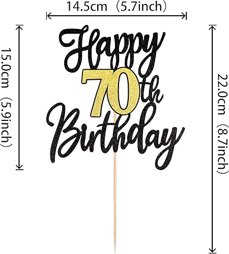 Miniatura 2 de 1 pieza de decoración de pastel de cumpleaños 70 negro dorado con purpurina para cumpleaños de 70 años, selección de pastel de 70 años, decoración