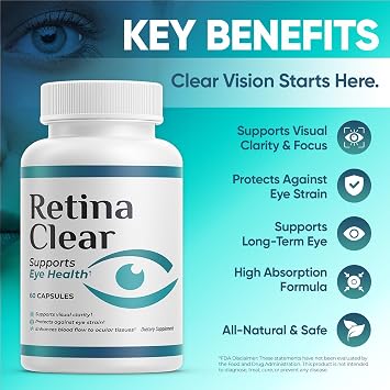 Retina Clear Vision Support Supplement Eye Health Formula with Lutein, Zeaxanthin, Quercetin, Vitamin A, Zinc, Bilberry Supports Visual Clarity, Focus & Eye Fatigue Relief 6-Pack