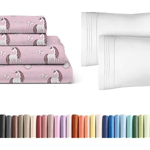 Kids Unicorn Pink Full 4 Piece Sheet Set + 2 Extra Pillowcases Bundle - Boys, Girls, Teens, Toddler - Easy Fit Deep Pockets - Hotel Quality Bedding Sheets - Machine Washable - Soft and Wrink